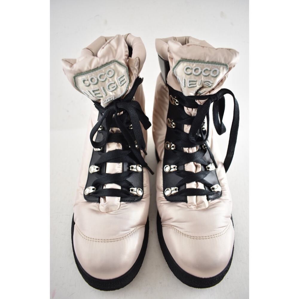 Chanel 18B Coco Neige Pink Black CC Logo Snow Winter Lace Up Tie Combat Boots 37 - Picture 6 of 16
